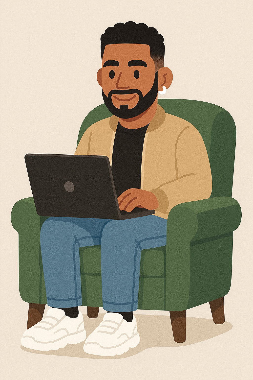 Illustration représentant Stephan V. assis dans un fauteuil vert, travaillant sur un ordinateur portable.