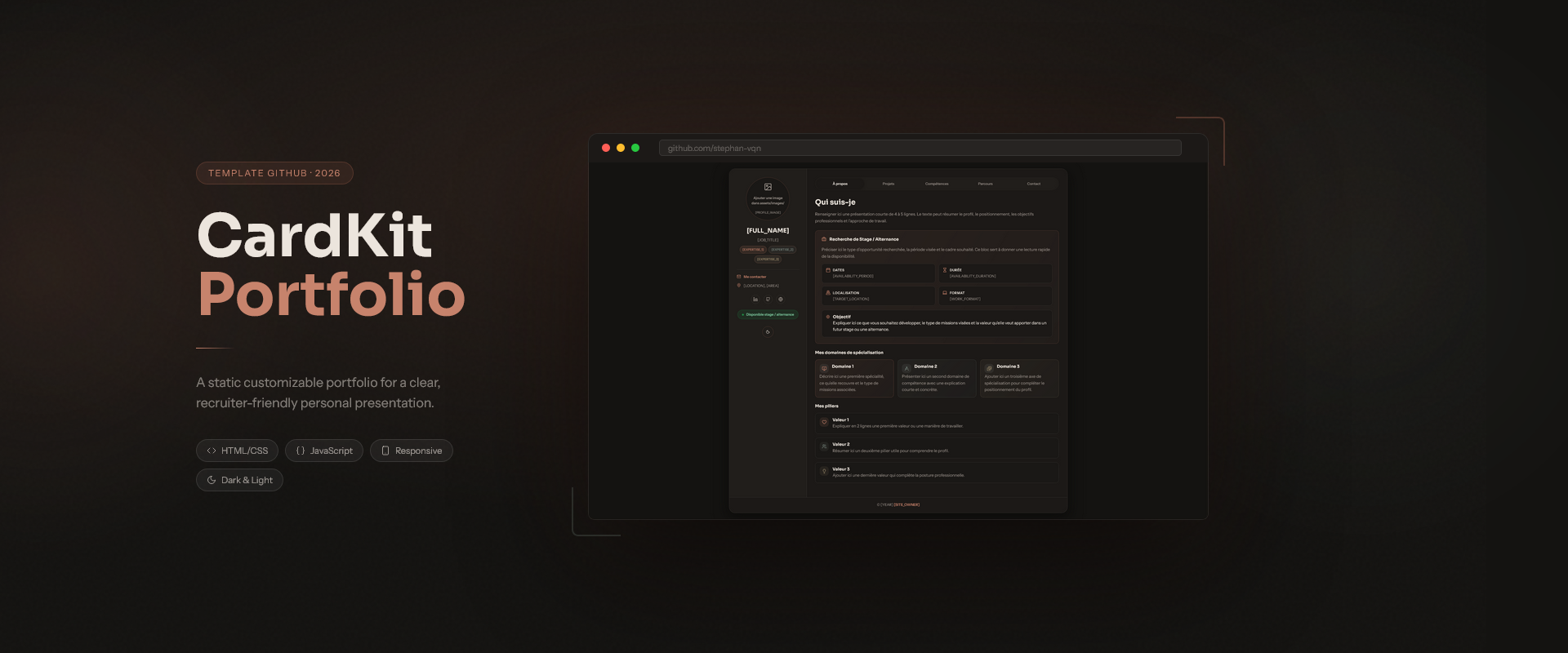 Interface de présentation du template de portfolio GitHub, version sombre.